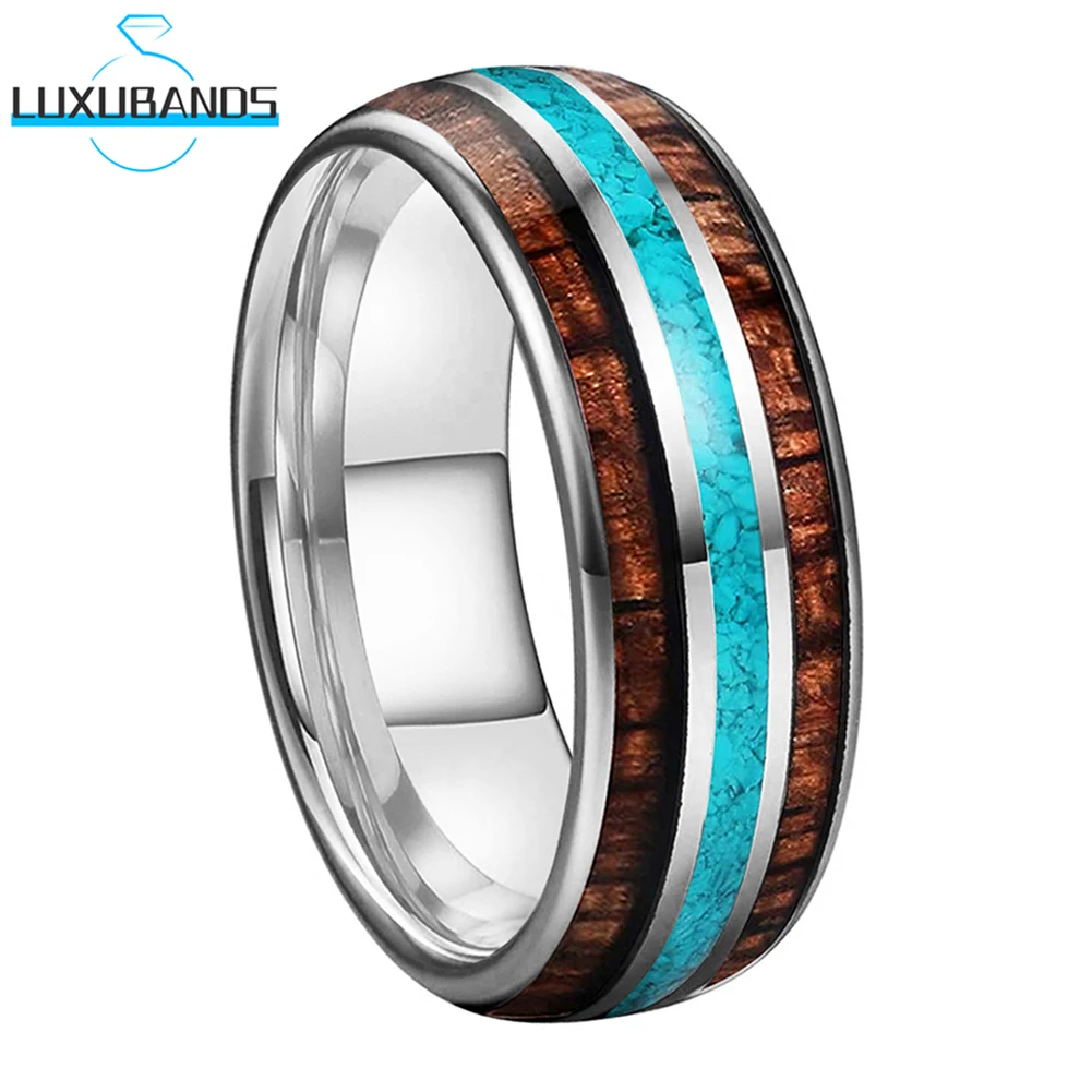 

Tungsten Carbide Ring For Men Wemen 8mm In Stock Grooved Turquoise Wood Inlay Domed Polished Finish Comfort Fit