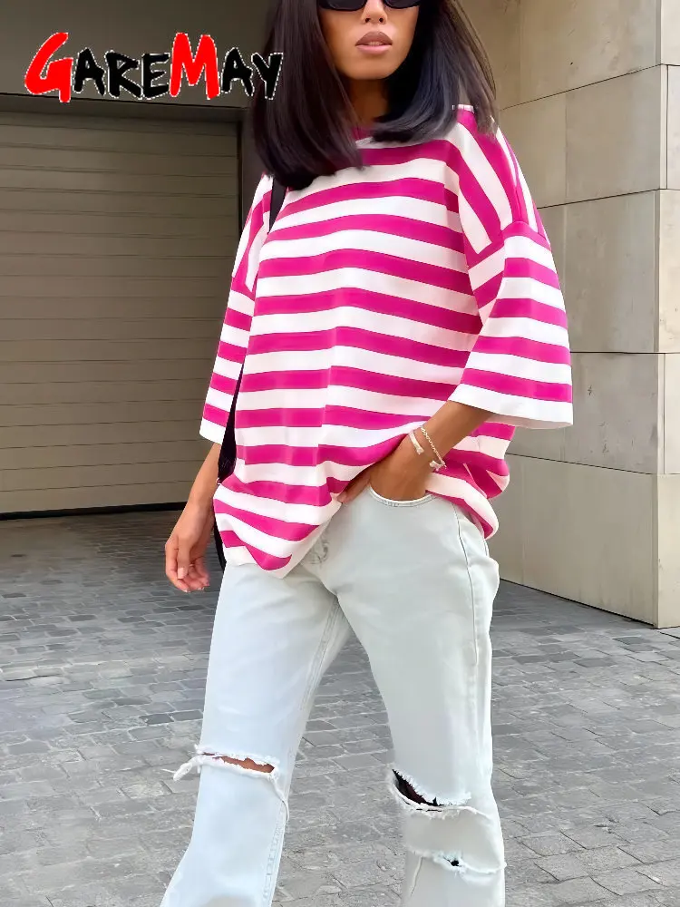 Женская хлопковая футболка в полоску с принтом и коротким рукавом винтажные