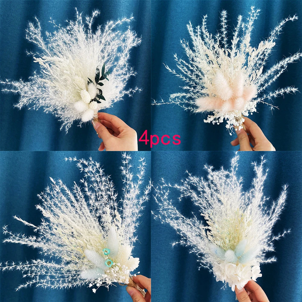 

4pc Mini Dry Flower Bouquet Pampas Grass Bunny Tails Small Bouquet Wedding Table Boho Cake Flower Decor Milk Bottle Arrangement