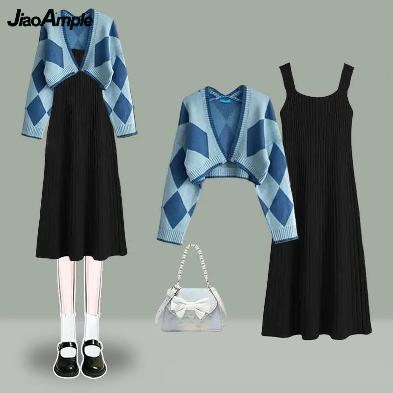 

Women's Spring Autumn New Chic Short Knitted Sweater+Irregular Dress Two Piece Suit Korean Elegant Cardigan Skirt Matching Set