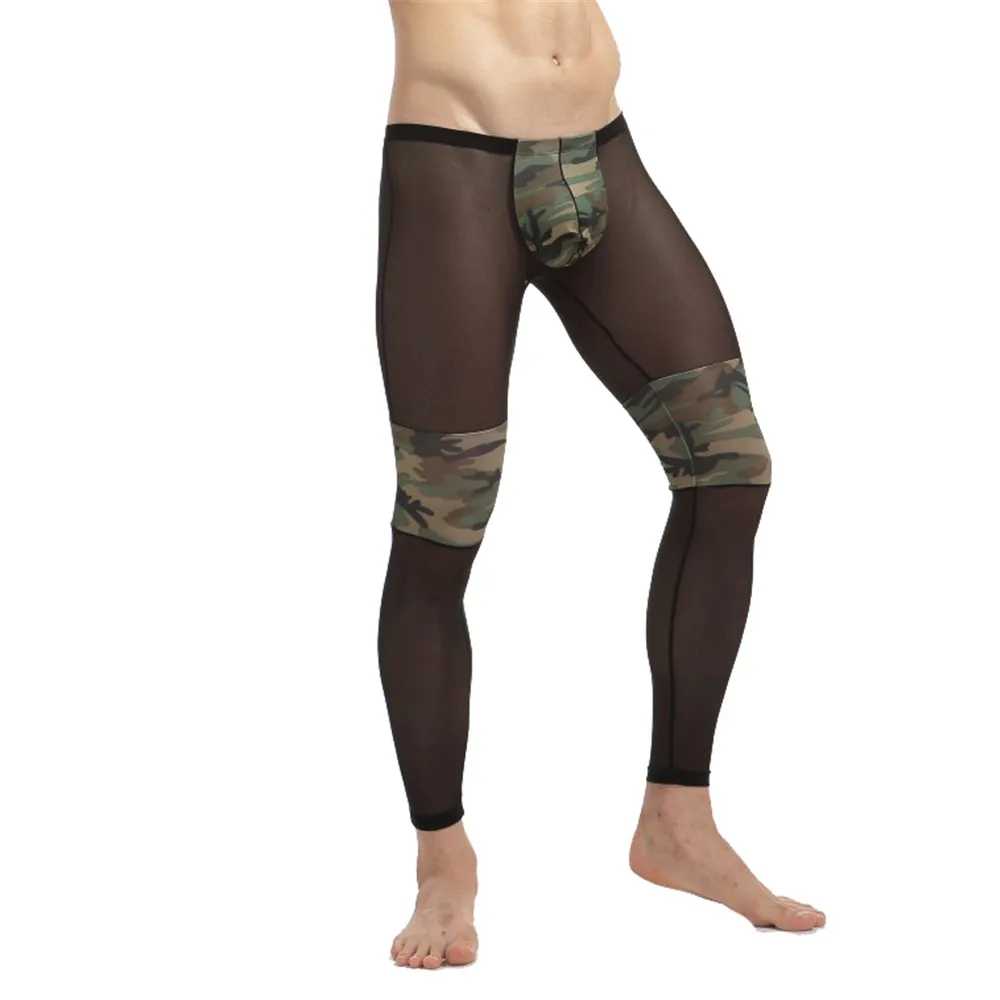 FYXLJJ Sexy Men's Mesh Transparent Long Johns Man Fashion Underwear Homme Camouflage See Through Leggings Sleep Bottoms Homewear