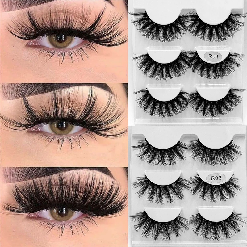 

3 Pairs Mink Lashes Faux Lashes Mink False Lashes Dramatic Volume Natural Long Hand Made EyeLashes Lashes Extension for Makeup
