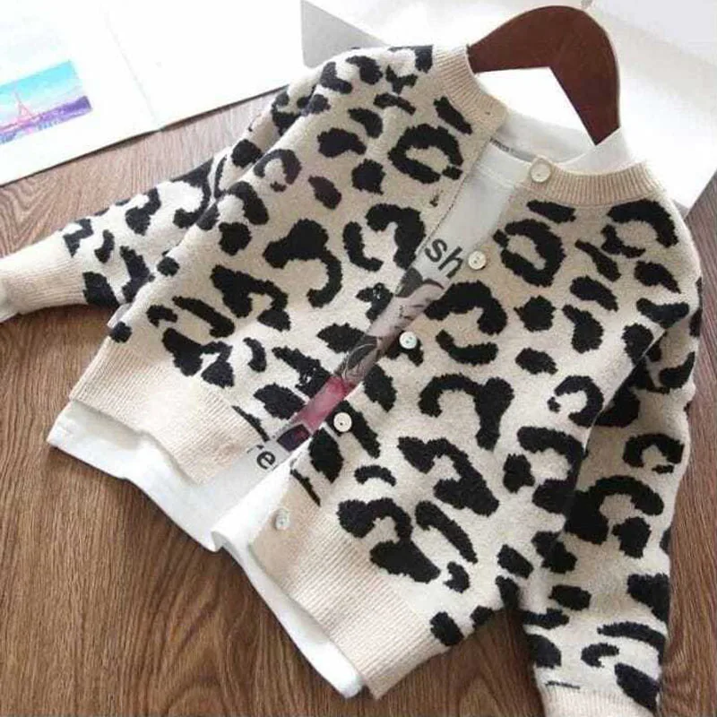 

Кардиган для девочек, пальто, вязаный свитер, пальто для маленьких девочек с леопардовым принтом, детский однобортный вязаный свитер на весну и осень