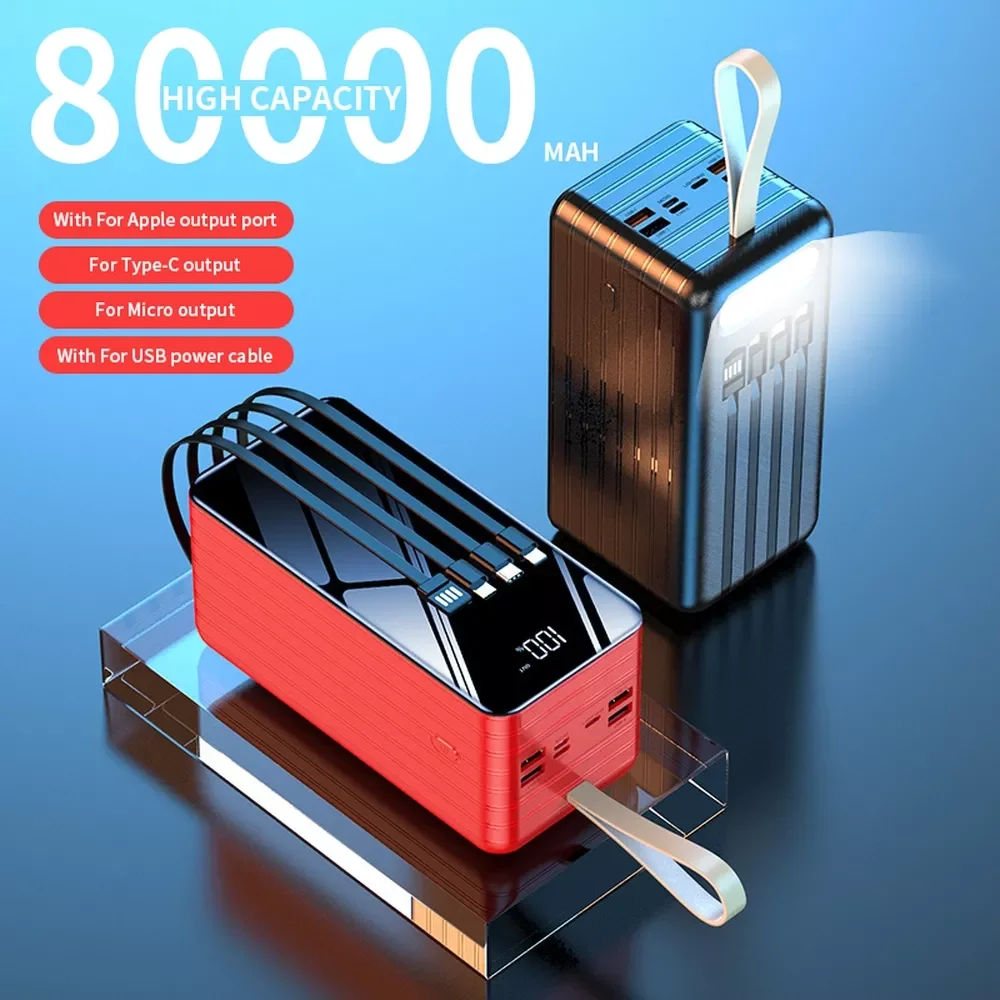 

NEW PINZHENG 80000mAh Power Bank For iPhone Powerbank Portable Charger External Battery Built-in 4 Cables Powerbank
