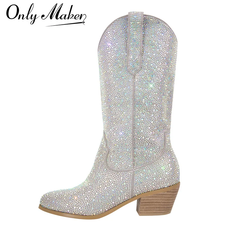 Onlymaker Women Knee High Boots Rhinestone Boots Glitter Bling Shiny Western Cowboy Pointed Toe Block Heel Pull-On Cowgirl Boots