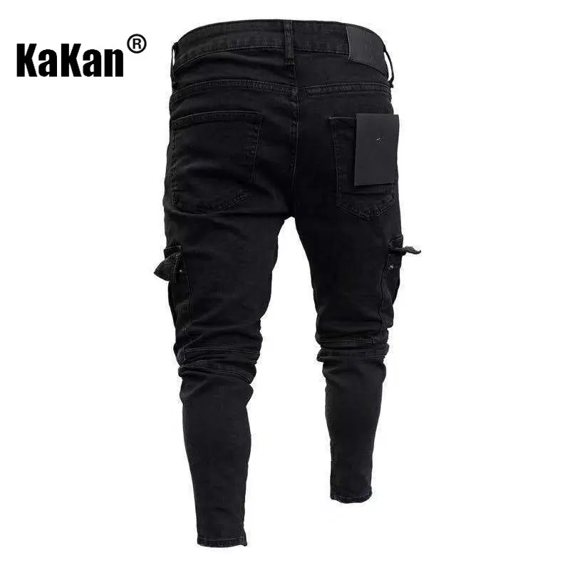 Kakan - European and American New Trend Knee Hole Broken Zipper Small Foot Jeans for Men, Elastic Side Pocket Long Jeans K45-829