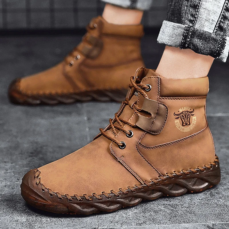 

Мужские ботильоны, открытые рабочие ботинки, мужская обувь на шнуровке, новинка 2022, модные зимние ботинки из флока с плюшевой подкладкой, походная обувь в стиле ретро, Треккинговая обувь