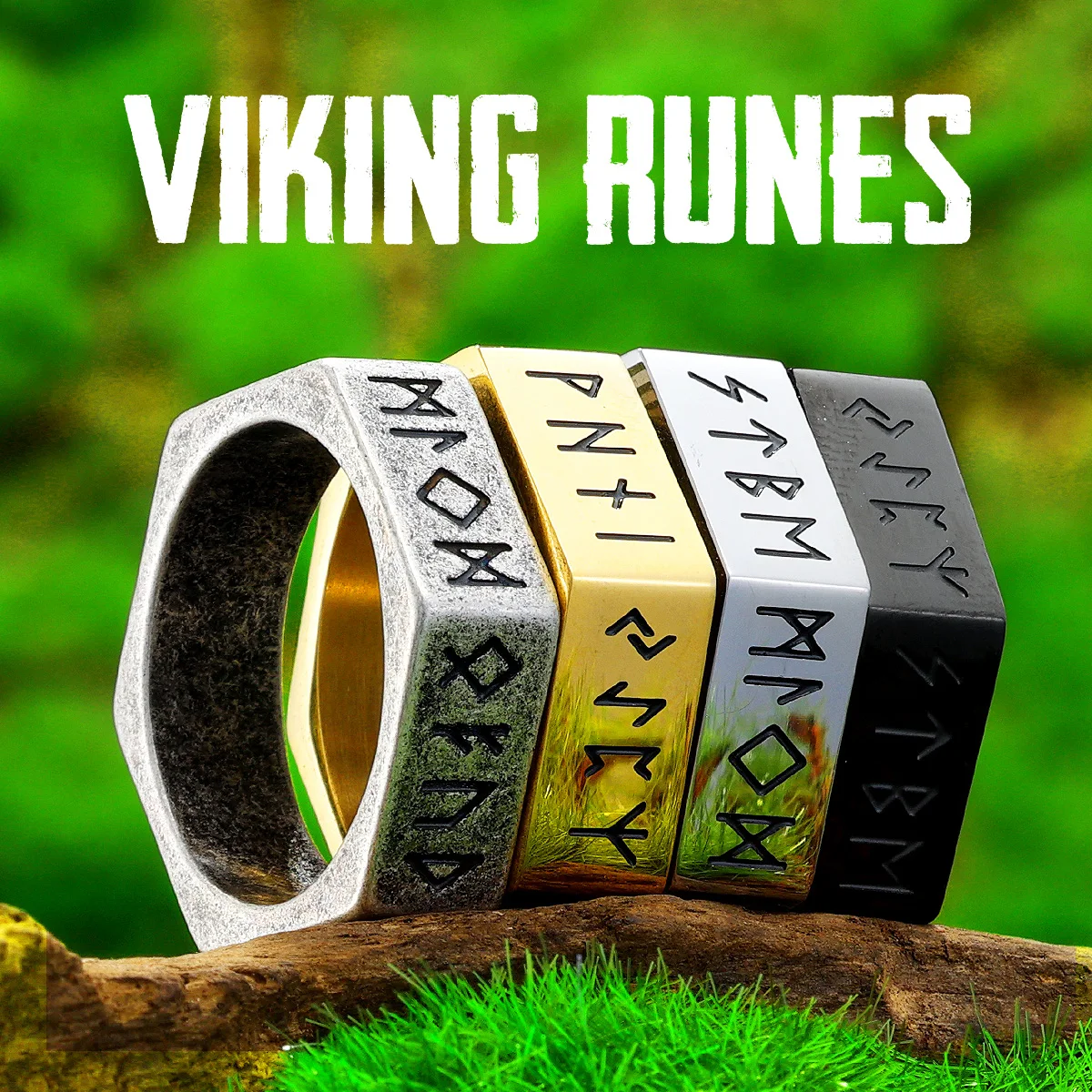 

Vintage Viking Runes Letter Hexagon Men Rings Stainless Steel Jewelry Punk Rock Fashion Accessories for Women Gift Wholesale