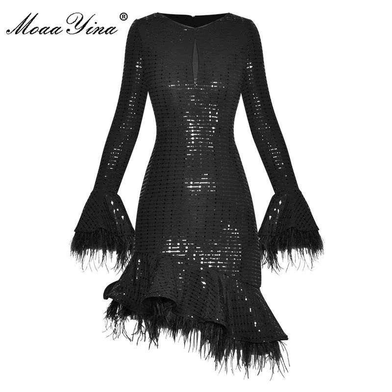 

MoaaYina Designer Autumn Winter Sexy Club Party Dress Lady Flare Sleeve Gorgeous Sequins Black Fashion Sexy Sheath Mermaid Dress