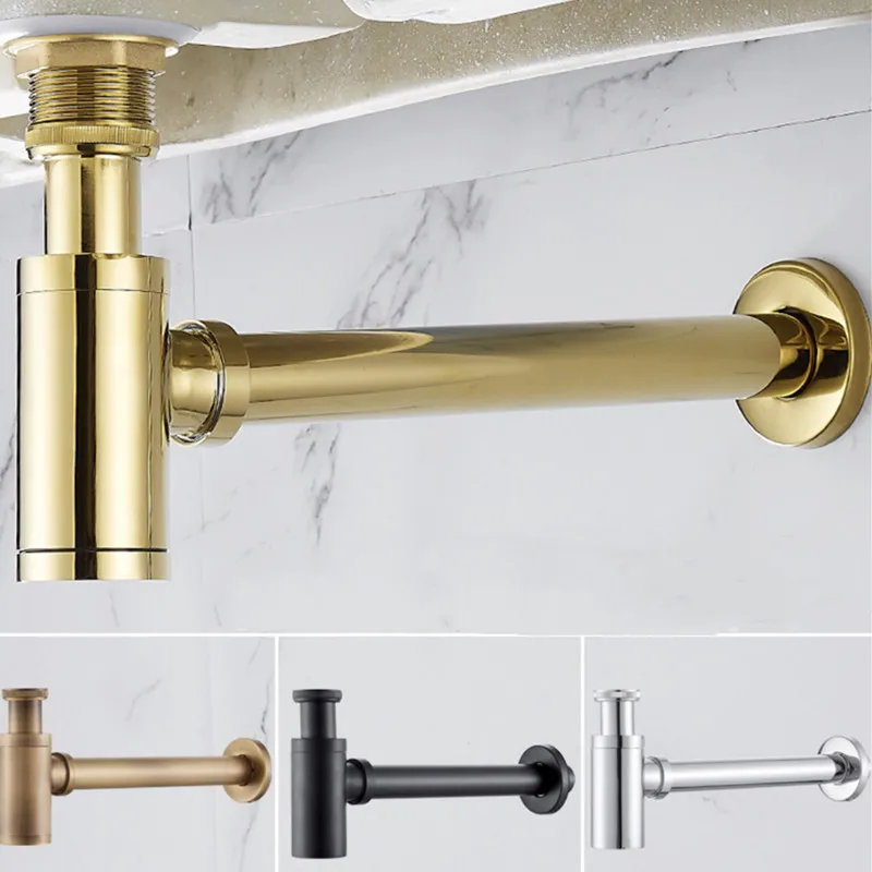 

Basin Pop Up Drain Black/Gold Brass Bathroom Sink Siphon Drains Bottle Trap Pop Up Drain P-TRAP Pipe Waste Wall Drainage Kit