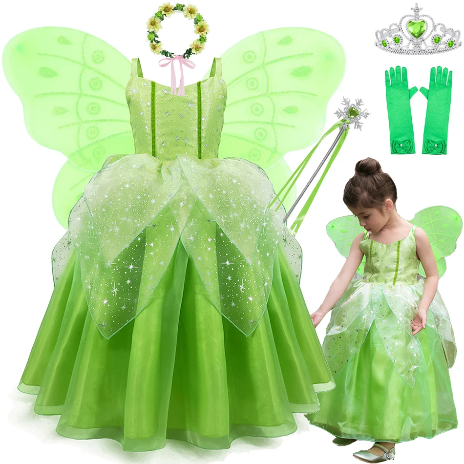 Fairy Tinkerbell Costume Girls Green Leaf Dress Sleeveless Tiered Gown With Wings Princess Theme Party Outfits Birthday Surprise