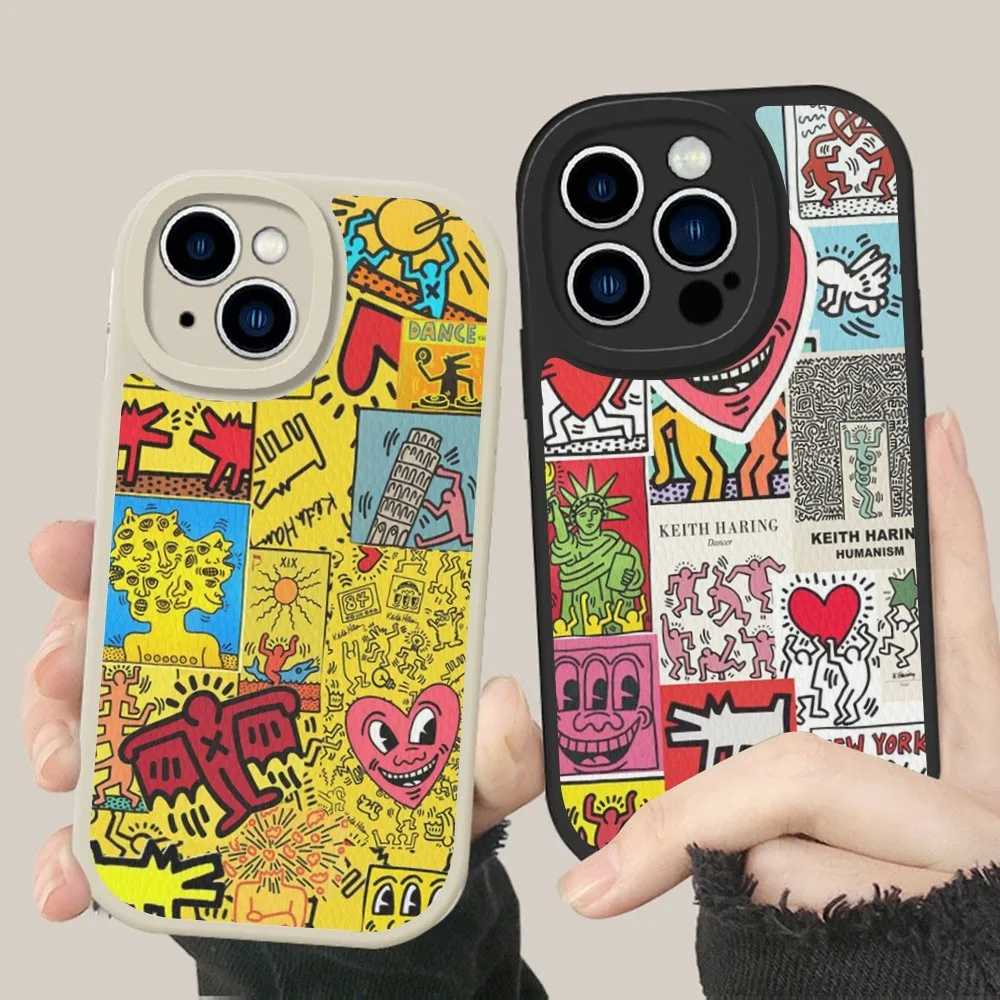 

K-Keiths-Haring-Works-Colorful-Print Phone Case Hard Leather For iPhone 14 13 12 Mini 11 14 Pro Max Xs X Xr 7 8 Plus Fundas