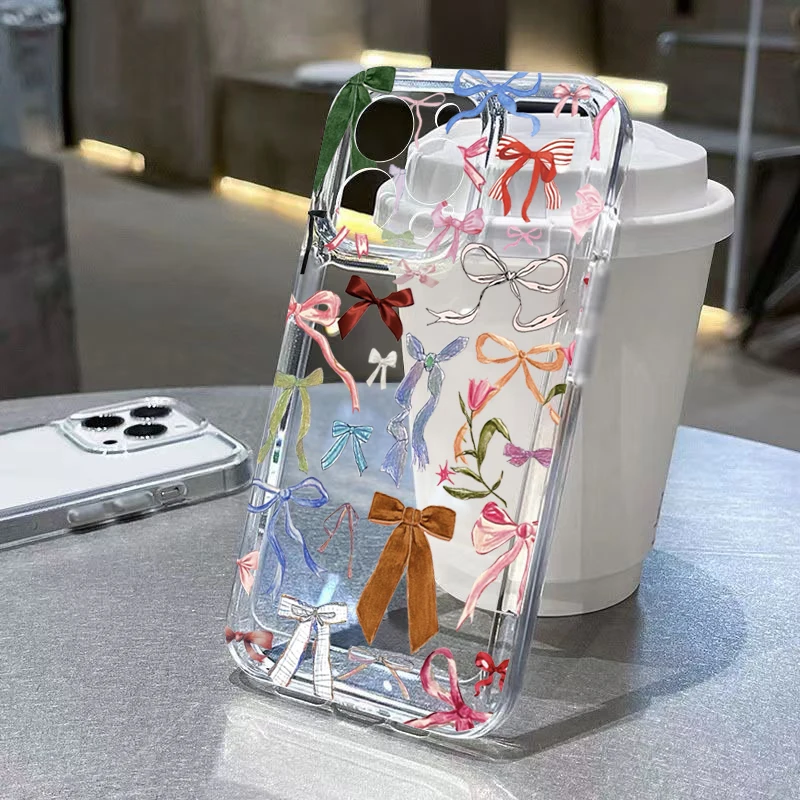 Прозрачный чехол с бантом для телефона iPhone 16 11 12 13 14 15 Pro Max XS XR 7 8 Plus SE 2022