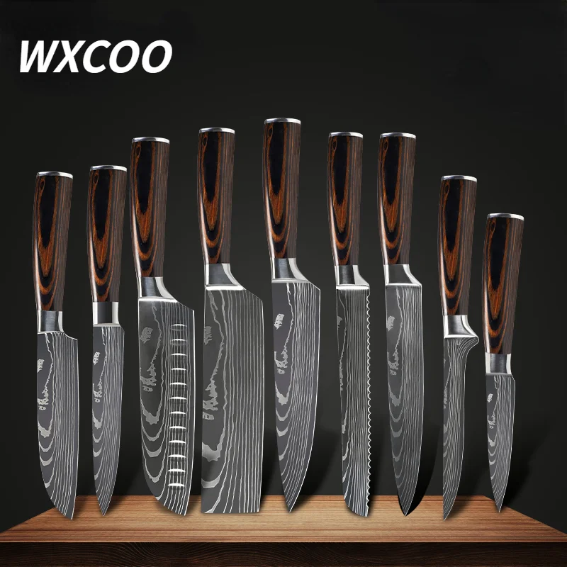 

1-10PCS Kitchen Knives Stainless Steel 1-10PCS Set 7CR17 440C Laser Damascus Japanese Santoku Cleaver Slicing Utility Chef Knife