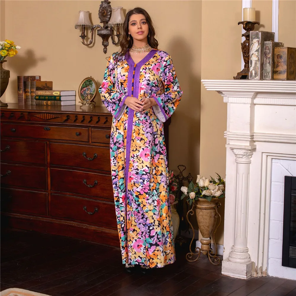 Ramadan Abaya Arab Evening Long Dress Women Floral Print Muslim Ramadan Moroccan Kaftan Dubai Saudi Jalabiya Colorful Abayas