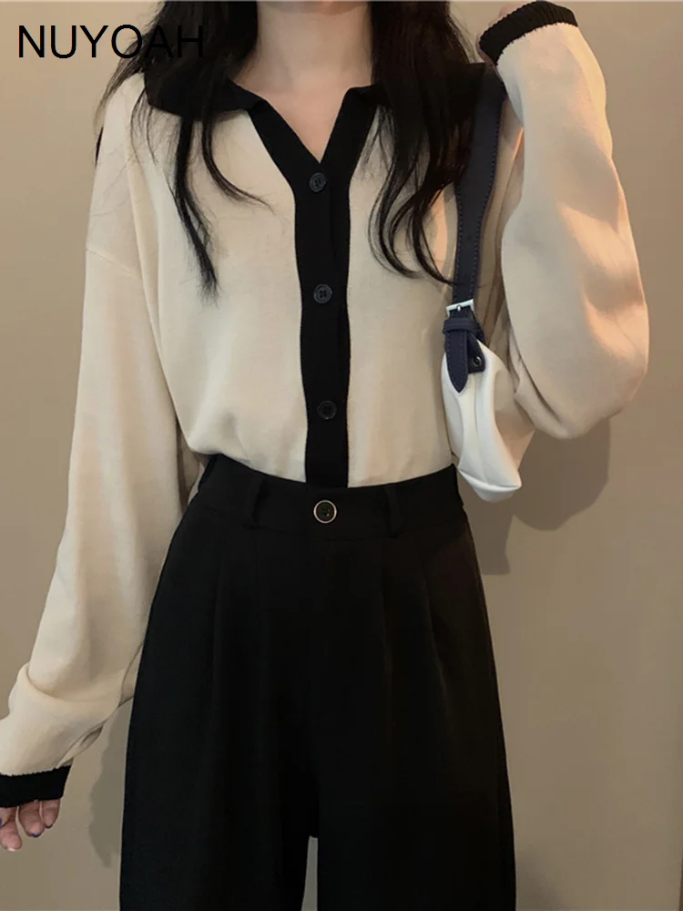 

Женский свитер-поло Xiaoxiang, новый корейский тонкий кардиган с длинными рукавами и блокировкой по цвету, 2021