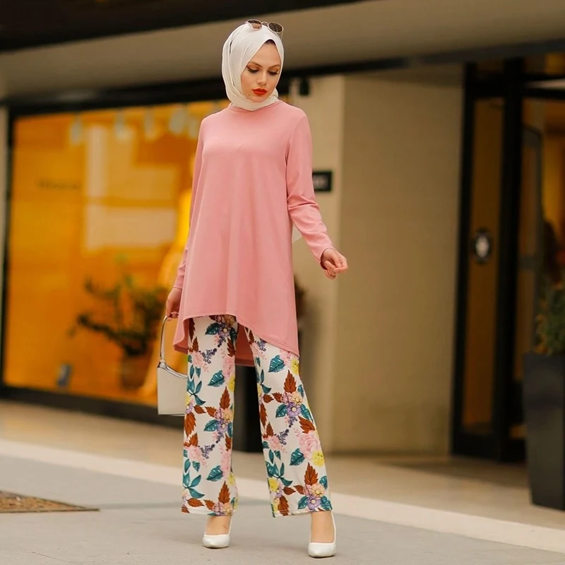 Muslim Suit Ramadan Two Piece Set For Women Top And Pants Matching Modest Turkey Dubai Arab Sets Hijab Double Islamic Clothing