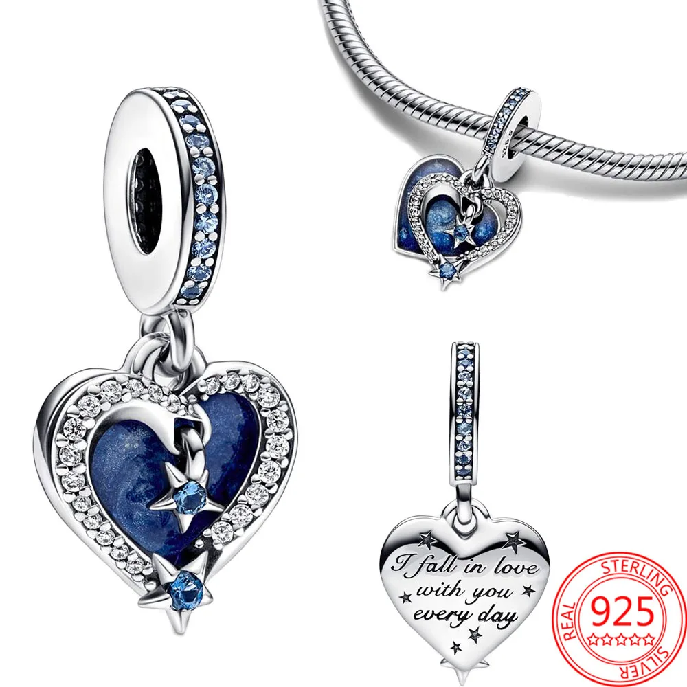 

Genuine 925 Silver Galaxy Celestial Shooting Star Heart Double Dangle Charm Fit Bracelet Women Statement Fashion Jewelry