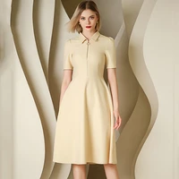 high quality chic office lady dress summer new elegant fashion business dress polo collar short sleeve slim light yellow dress