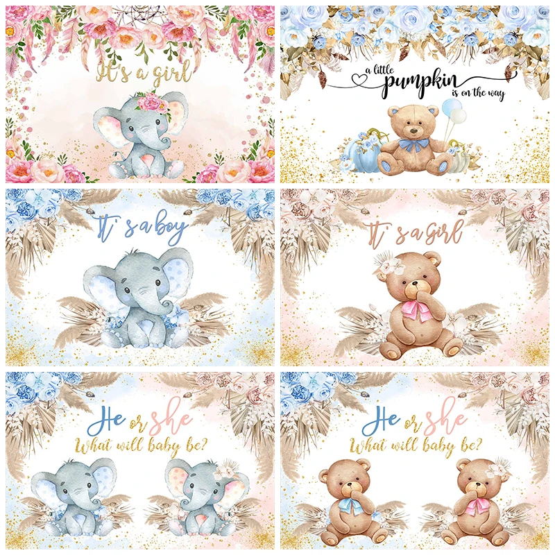 

Mocsicka Baby Shower Background Photography Gender Reveal Newborn Shower Elephant Bear Floral Decor Studio Photo Backdrop Banner