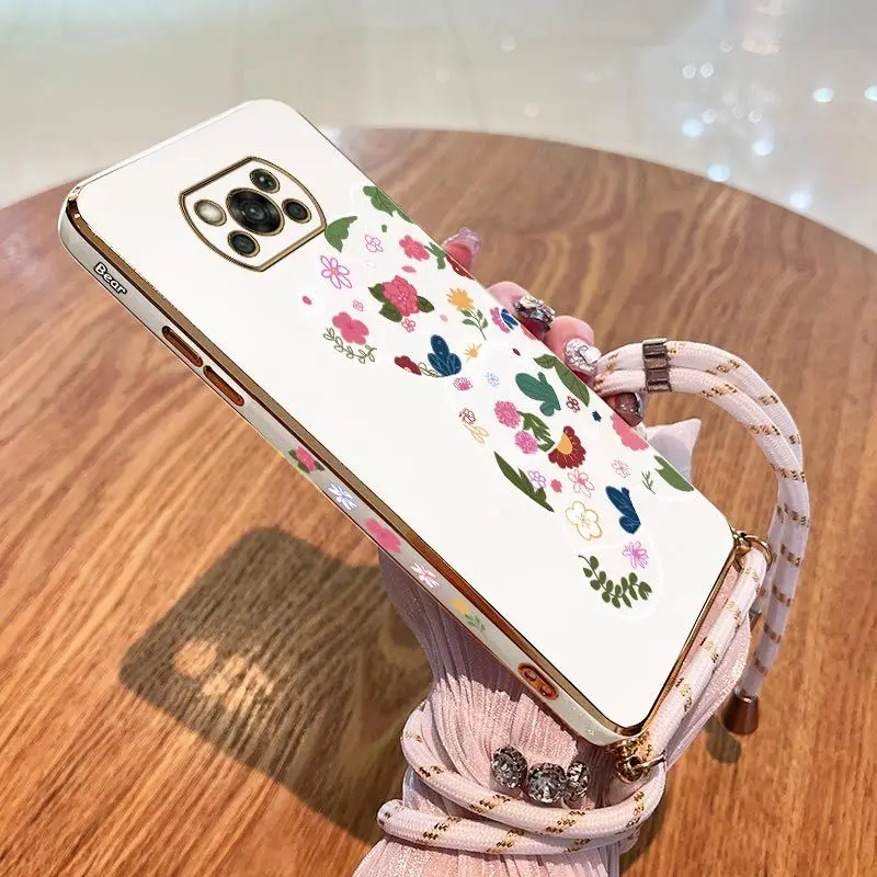 

Romantic Flower Bear Lanyard Plating Phone Case For Xiaomi Poco M5 M4 Pro F4 GT X4 GT F3 X3 F4 X4 M3 X3 NFC X2 X3 Pro C40 Cover