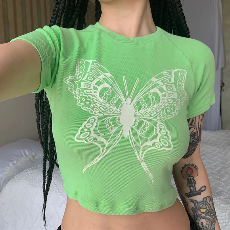 

y2k Butterfly Knitted Crop Top Green O Neck Short Sleeve T Shirt Women Harajuku Retro Cute Korean Tee Casual Chic New