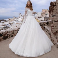 gorgeous princess long sleeve wedding dress 2022 off the shoulder boat neck lace appliques button organza bridal ball gown