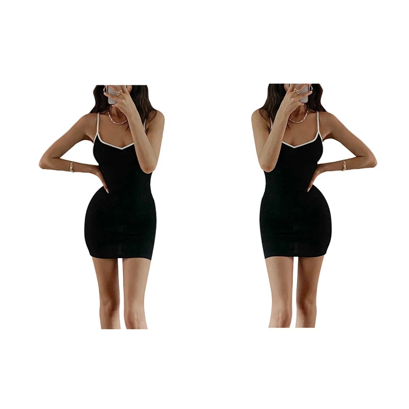 

2X Contrasting Side Small Peach Heart-Neck Tight-Fitting Dress Women Summer Sexy Slim-Fit Hip Dress M & L