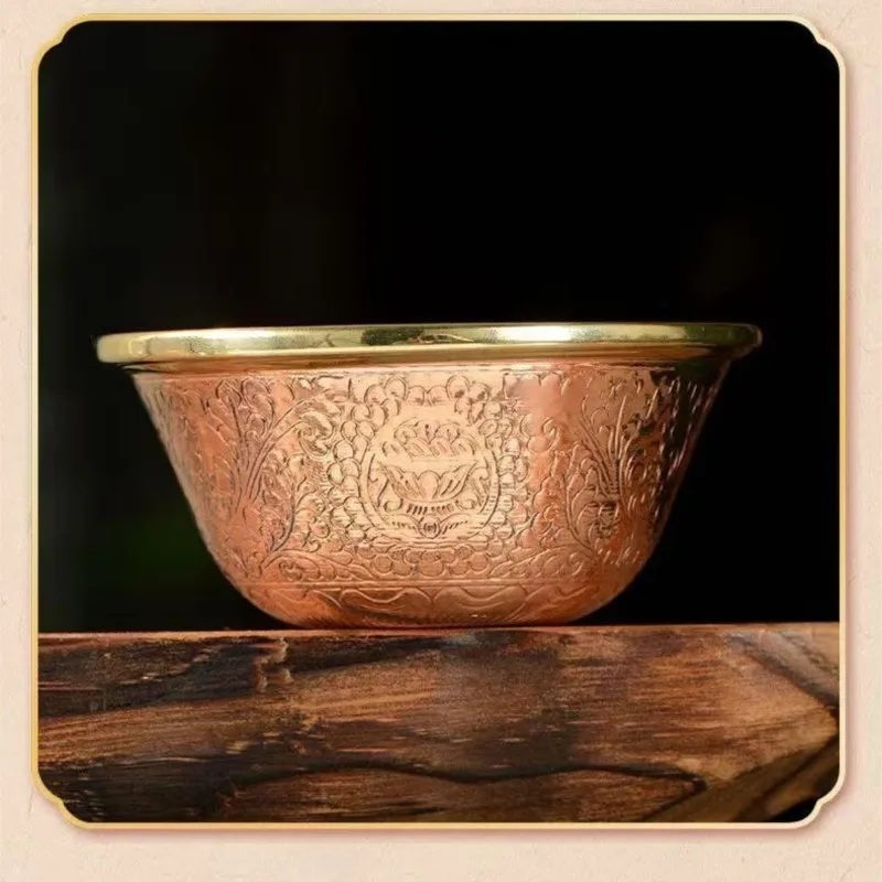 Фото Набор из 7 буддийских алтарных чаш, медные чаши с гравировкой цветочного узора, тибетские священные чаши с золотым ободком, декоративные буддийские религиозные предметы №4