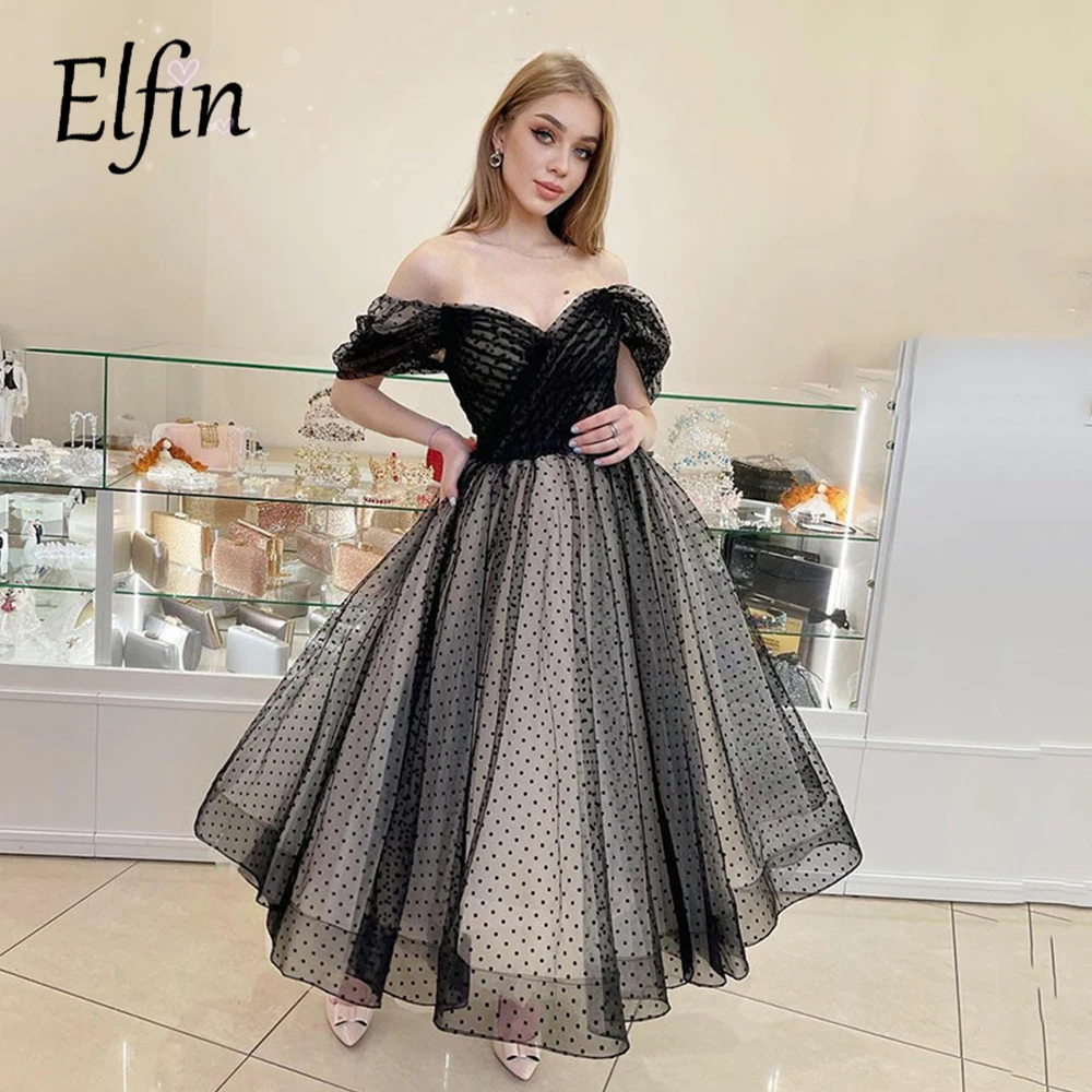 

Elfin Polka Dots Tulle Black Ball Gown Prom Dresses Off The Shoulder Short Girls Dancing Tea Length Evening Party Gowns
