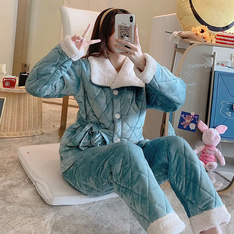 Winter Warm Super Thick Flannel Women Pajama Casual Pajama Set Comfort Three Layers  Quilted Pijama Elastic Waist Female Pajamas