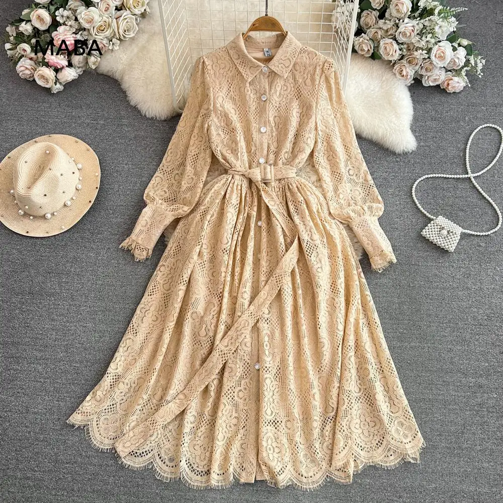 

Женское кружевное платье макси, Осеннее однобортное платье цвета хаки с рукавами-фонариками и шнуровкой, элегантное платье с широкой юбкой для дня рождения