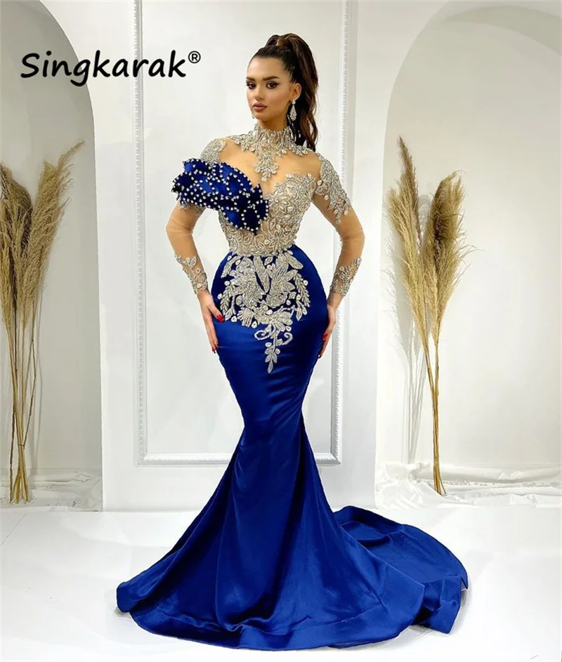 

Royal Blue Mermaid Muslim Evening Party Dresses 2023 Crystals Rhinestones Illusion Sleeves Luxury Wedding Dress Dubai فسات