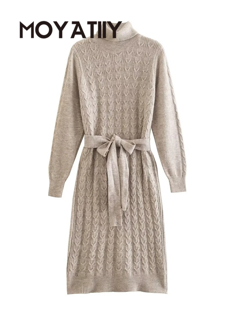 

MOYATIIY 2022 Fashion Women Winter Sweater Dress Turtleneck Thick Warm Twist Dresses Long Sleeve Ladies Vestidos