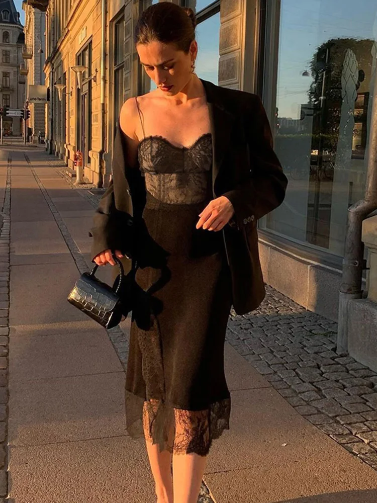 Mujer Elegante 2024 Primavera Moda Sexy Black delado Vestidos Largos de punto Encaje Sling Split