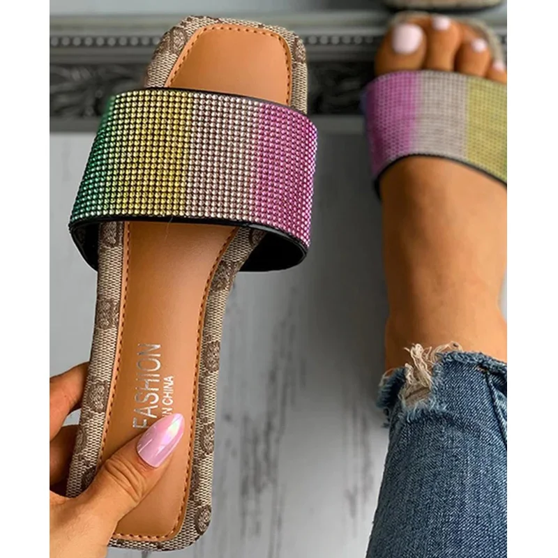

Colorful Rhinestones Square Toe Flat Slipper Women 2022 Summer New Outdoor Casual Flat Heel Sandals Fashion Woman Shoes Slides
