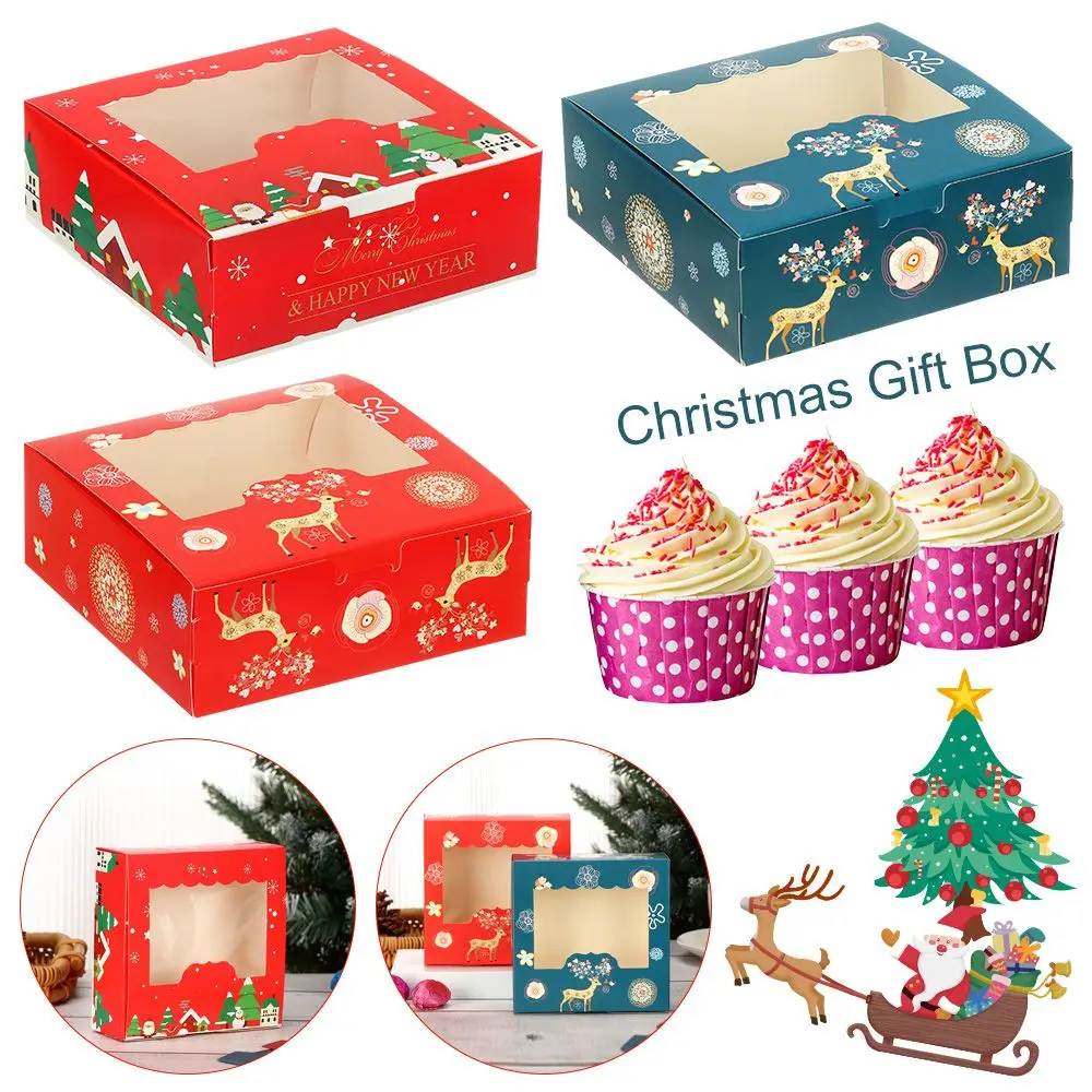 

1/10pcs Christmas Cardboard Cake Boxes 4 Cup Cake Packaging Box Biscuit Nougat Chocolate Candy Wrapping Box Christmas Gift Box