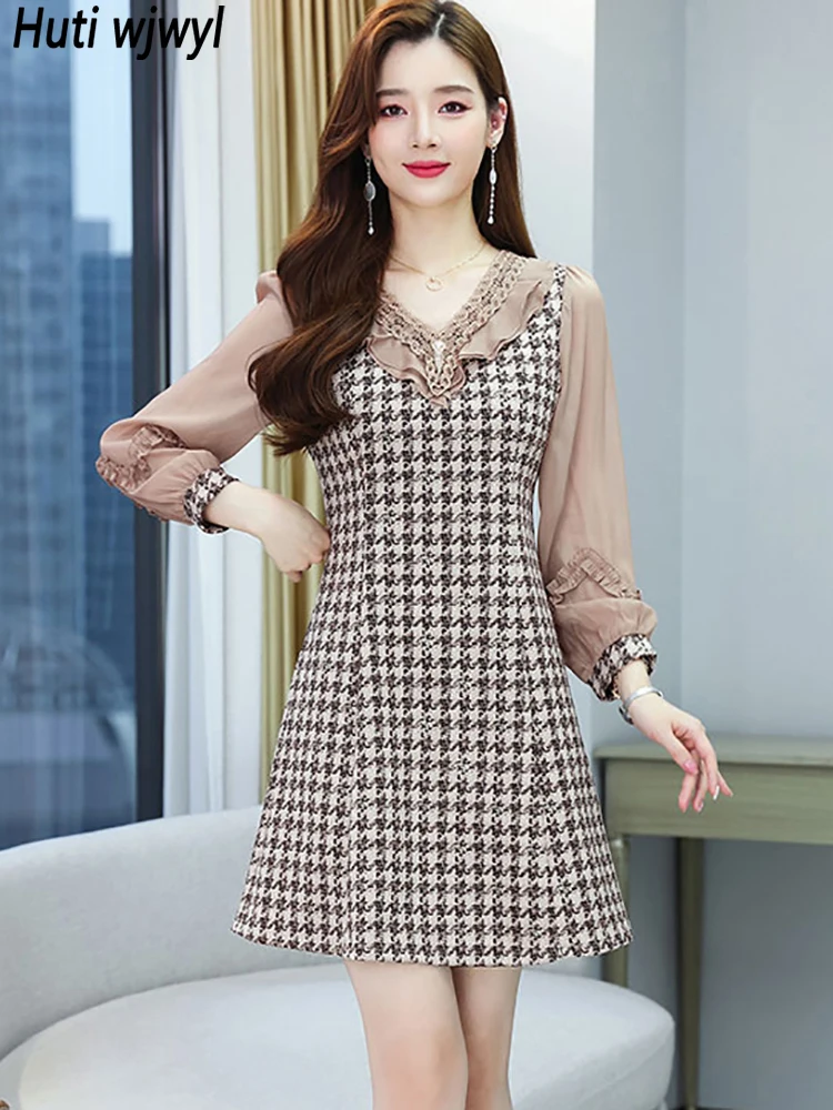 

Spring Autumn Casual Party Night Dress Women Elegant Korean Vintage Dress 2023 Bird Lattice Patchwork Chic Prom Sexy Mini Dress