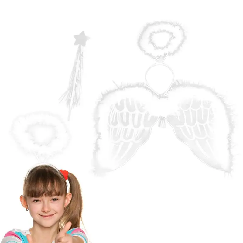 

Angel Wings Costume Set Feather Fairy Wings With Elastic Straps Includes Fairy Wand And Headband For Dress Up Role Play