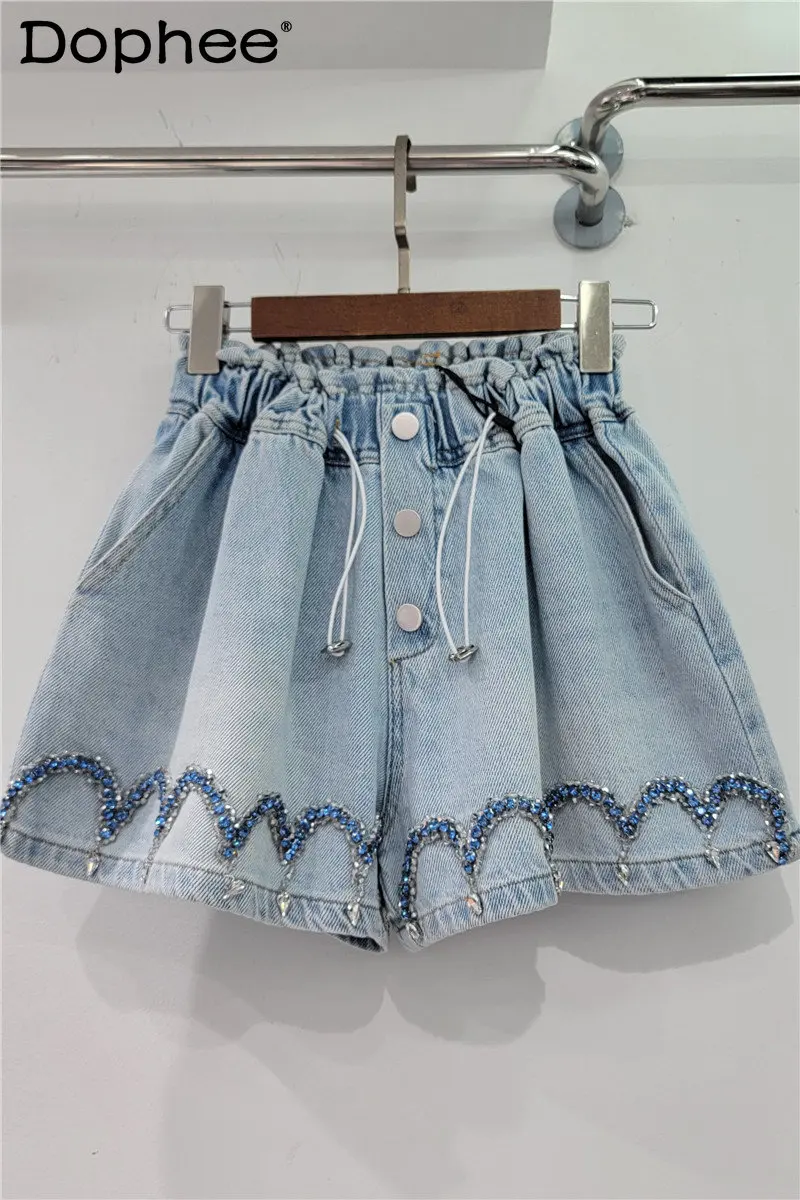 

2023 Spring Summer New Heavy Industry Wave Pattern Beaded Denim Shorts Women High Waist Slimming Wide-Leg Shorts Jeans Bottoms