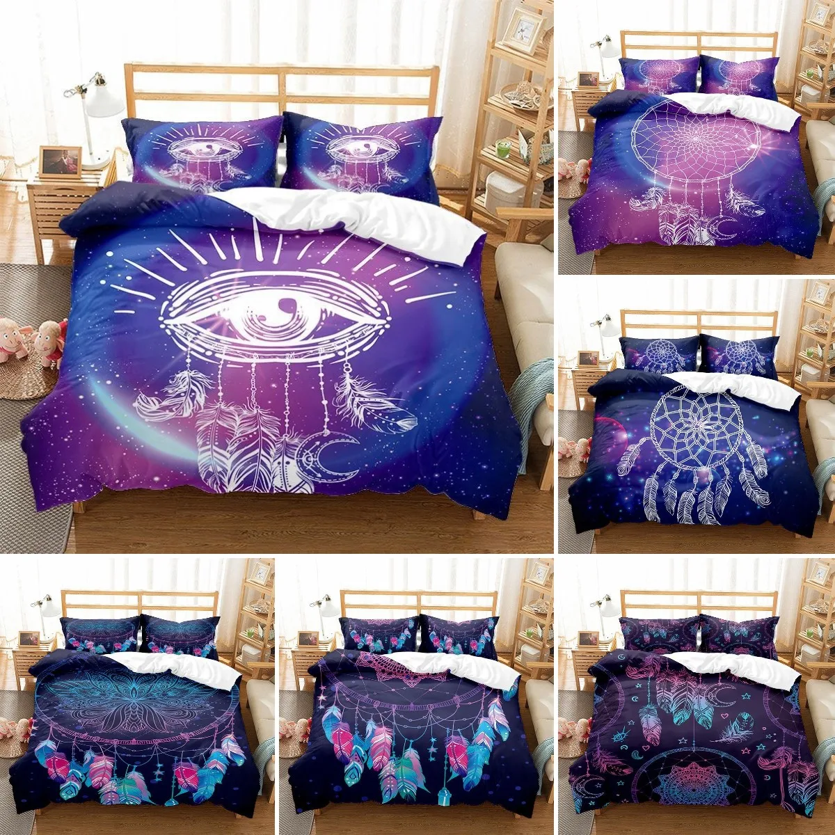 

Galaxy Dreamcatcher Bedding Set,Eye Feathers Pattern Duvet Cover, Boho Tribal Ethnic Decorative 3 Piece Bedclothes
