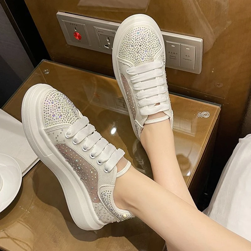 

Rimocy Women's Fashion Crystal Platform Sneakers Spring 2022 PU Lace Up White Sneakers Woman Breathable Mesh Casual Shoes Mujer