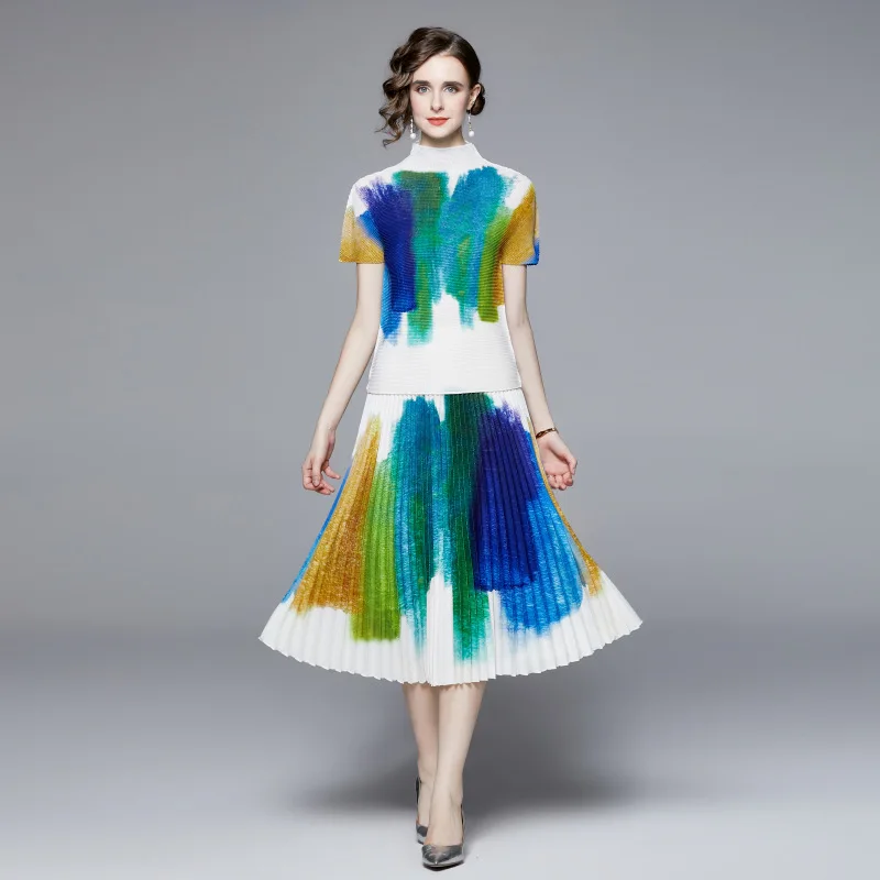 

Miyake Pleated Suit Women 2022 Summer Gradient Color Printed Loose Top Women's High Waist Two-Piece Overskirt Suit Skirt Sets