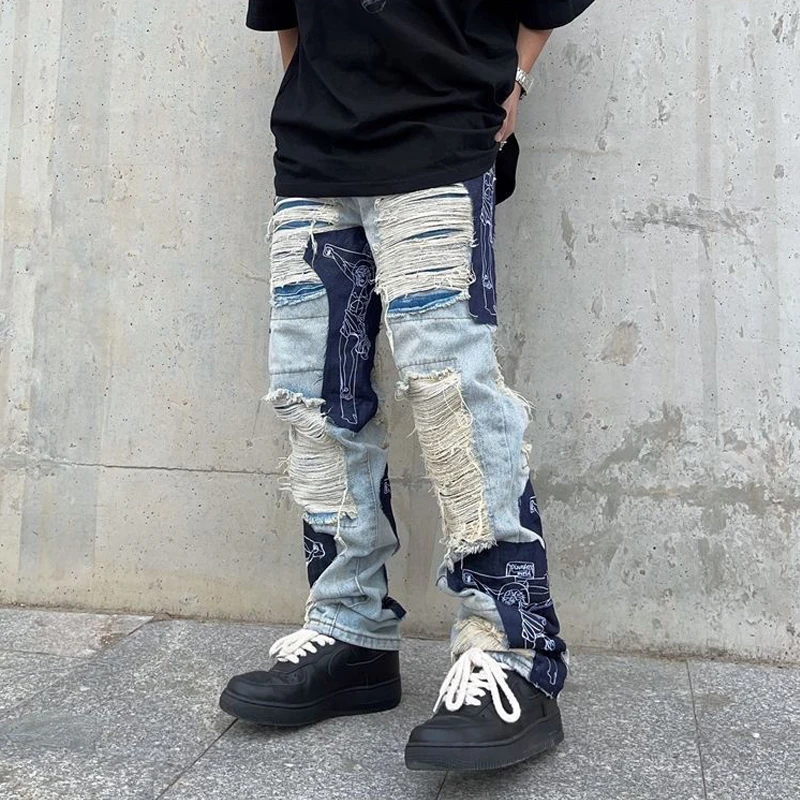 Spring Y2K Men's Vintage Ripped Jeans Clothes Fashion Trousers Cross Splicing Streetwear Straight Baggy Trousers Pants For Men