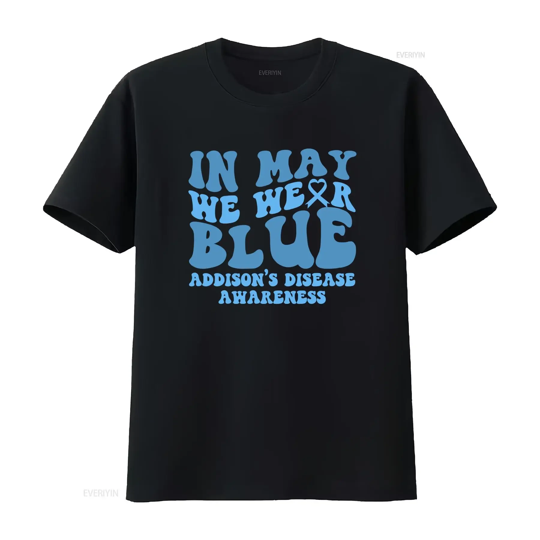 Фото Ретро-футболка с принтом «Синяя лента» в стиле Groovy Addison's Disease Awareness In May We Wear Blue Ribbon, винтажная, с эффектом потертости, универсальная, удобная. №1