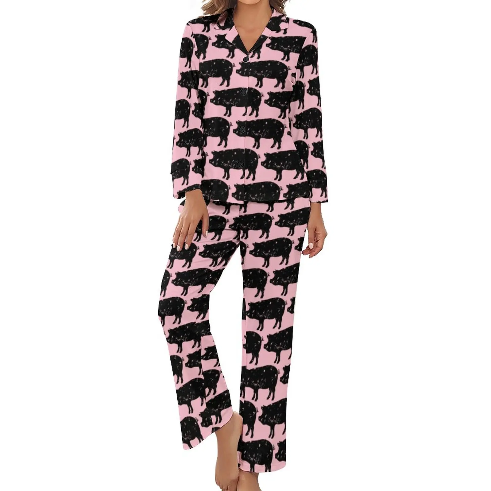

Animal Farm Print Pajamas Long Sleeve Cute Pink Pig 2 Pieces Night Pajama Sets Autumn Women V Neck Romantic Sleepwear