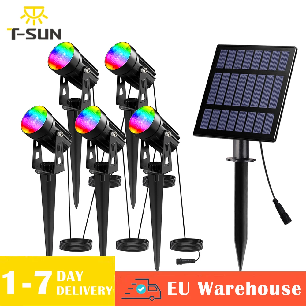 Купить T-SUN RGB 5 ламп Солнечный светодиодный светильник Открытый IP65 водонепроницаемый светильник солнечной энергии для украшения сада солнечный св...