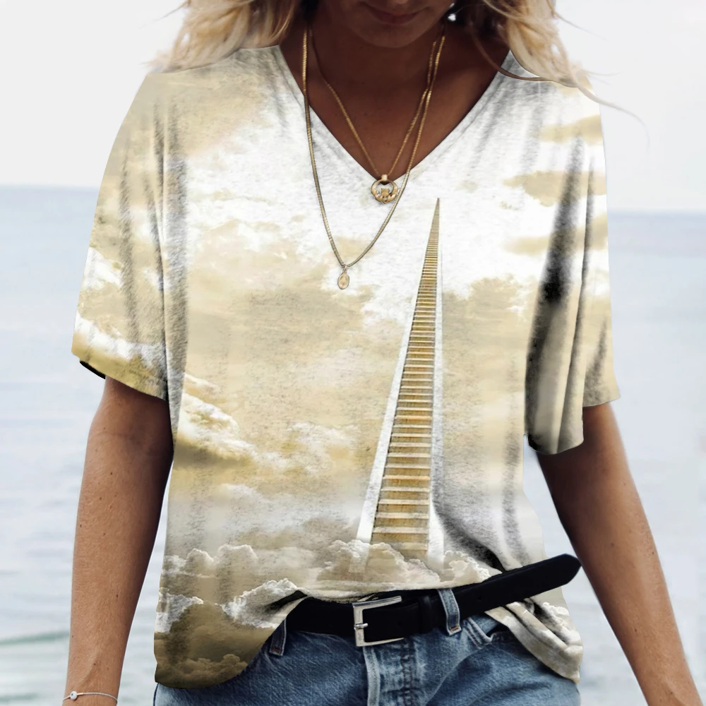 

New Women's T-Shirt Paradise Print 2022 Women's Clothing Oversized T-Shirts V Neck Pullover Streetwear Girls Tee Summer Clothing