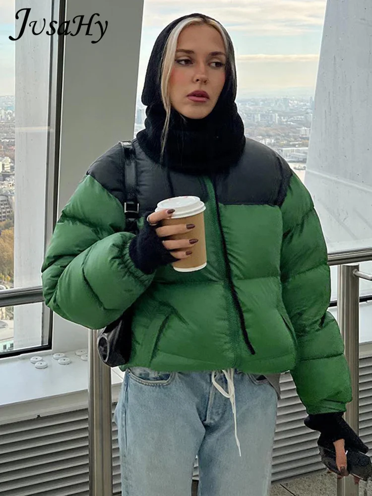JusaHy Women 2022 Winter New Street Casual Straight Green Thickened Padded Jacket Zipper Fashion Loose Preppy Style Simple Coat