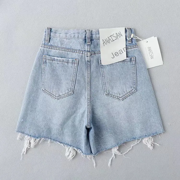 Withered Fashion with Holes Mom Denim Bermuda Ins Blogger High Street American Retro Solid Color Washed Whiskered Shorts